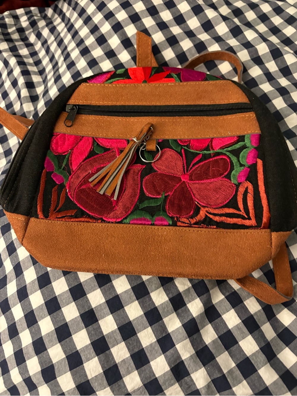 Embroidered Floral Suede Accent Women's Backpack Bag - Brown & Pink